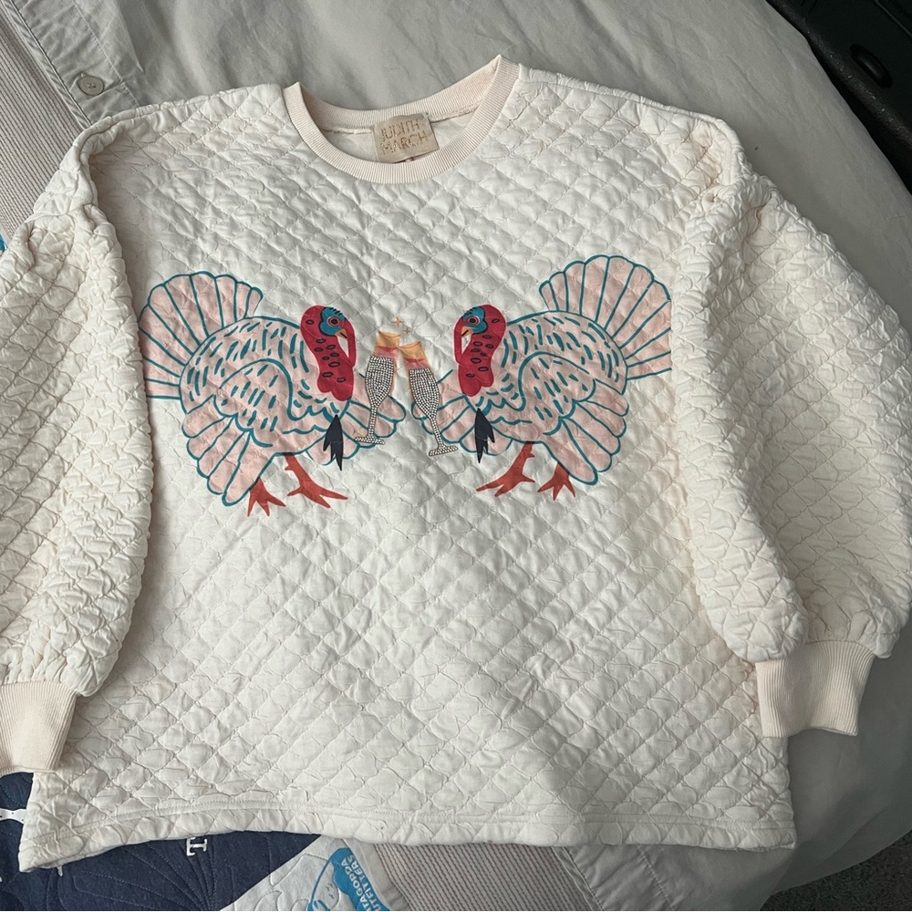 JUDITH MARCH Quilted Sweatshirt with Embroidered Turkeys and Rhinestone Champs